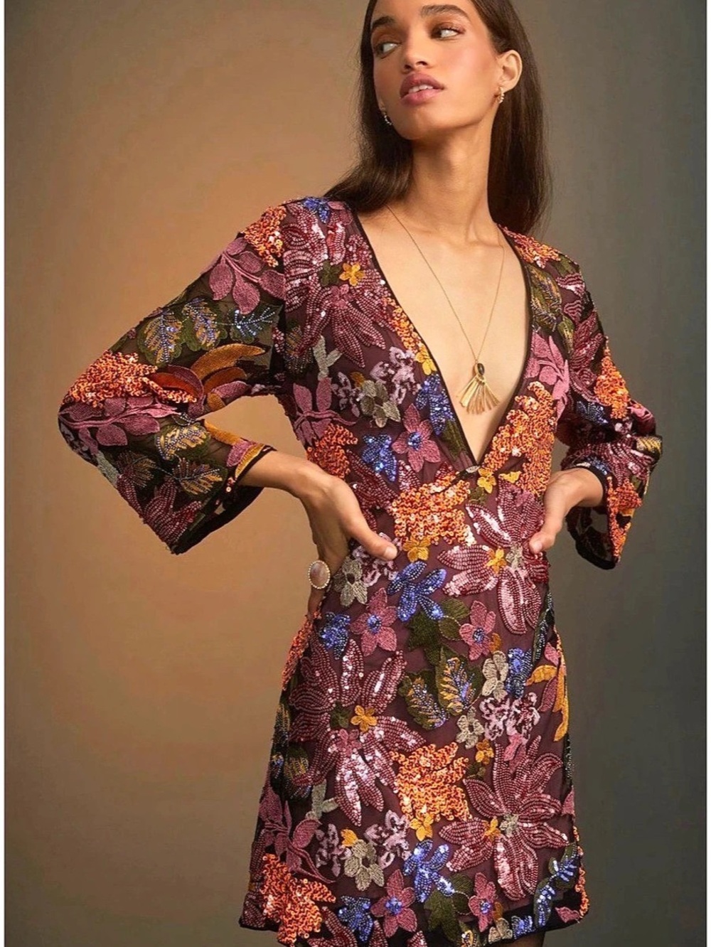Anthropologie Floral Sequin Mini Dress in Purple & Orange Size Small